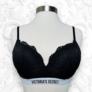 Black Lace Victoria Secret Logo Full Coverage T-Shirt Push-Up‎